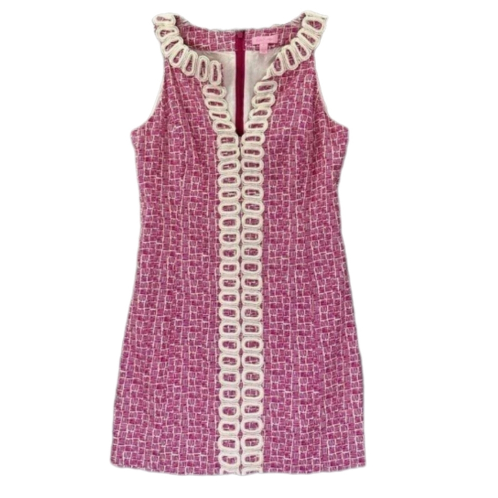 Lilly Pulitzer Sleeveless Shift Dress V Neck Pink White Embroidered